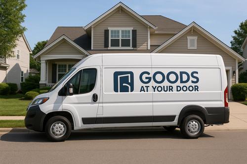 Large Van with  Goods At Your Door Logo delivering to a house. No people